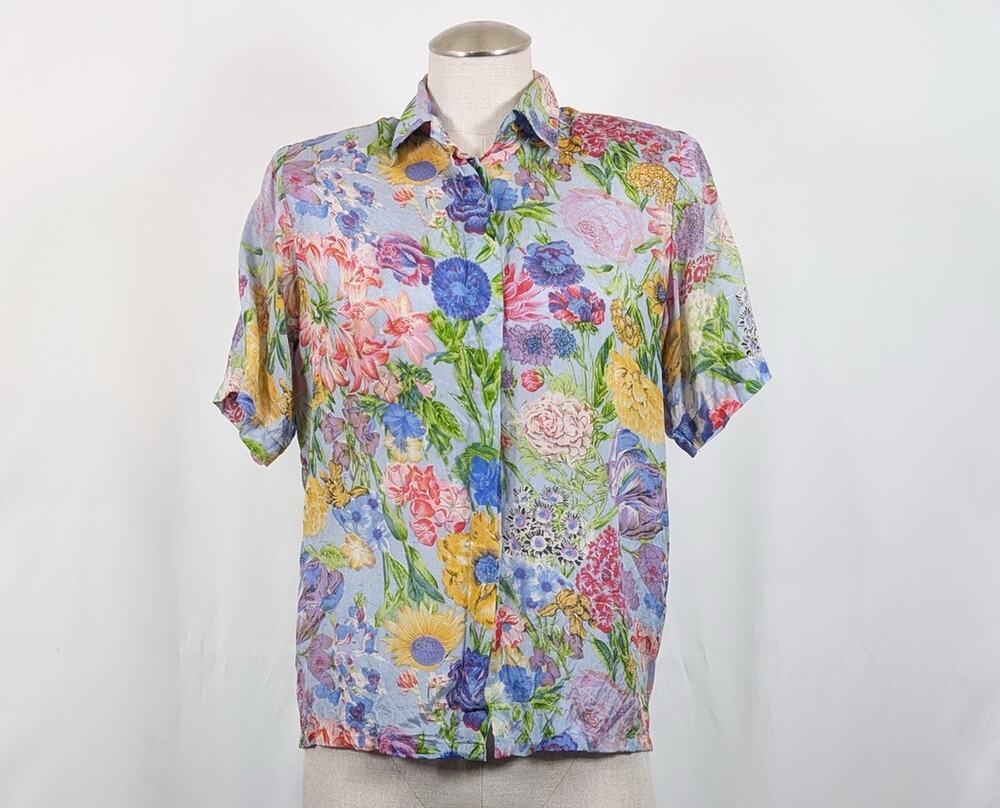 Vintage 90s Blouse Silk Blue Floral Print Short Sleeve Top Women's Size S